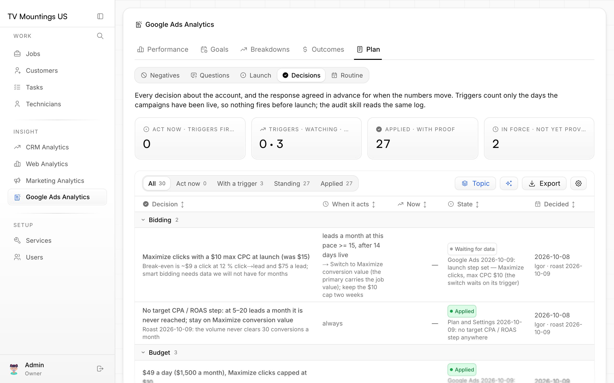 The decision log at launch, each decision with its reason