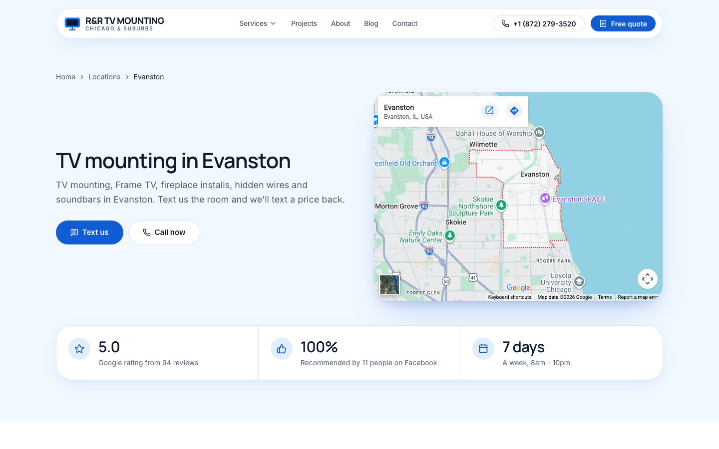 The Evanston page with its own map