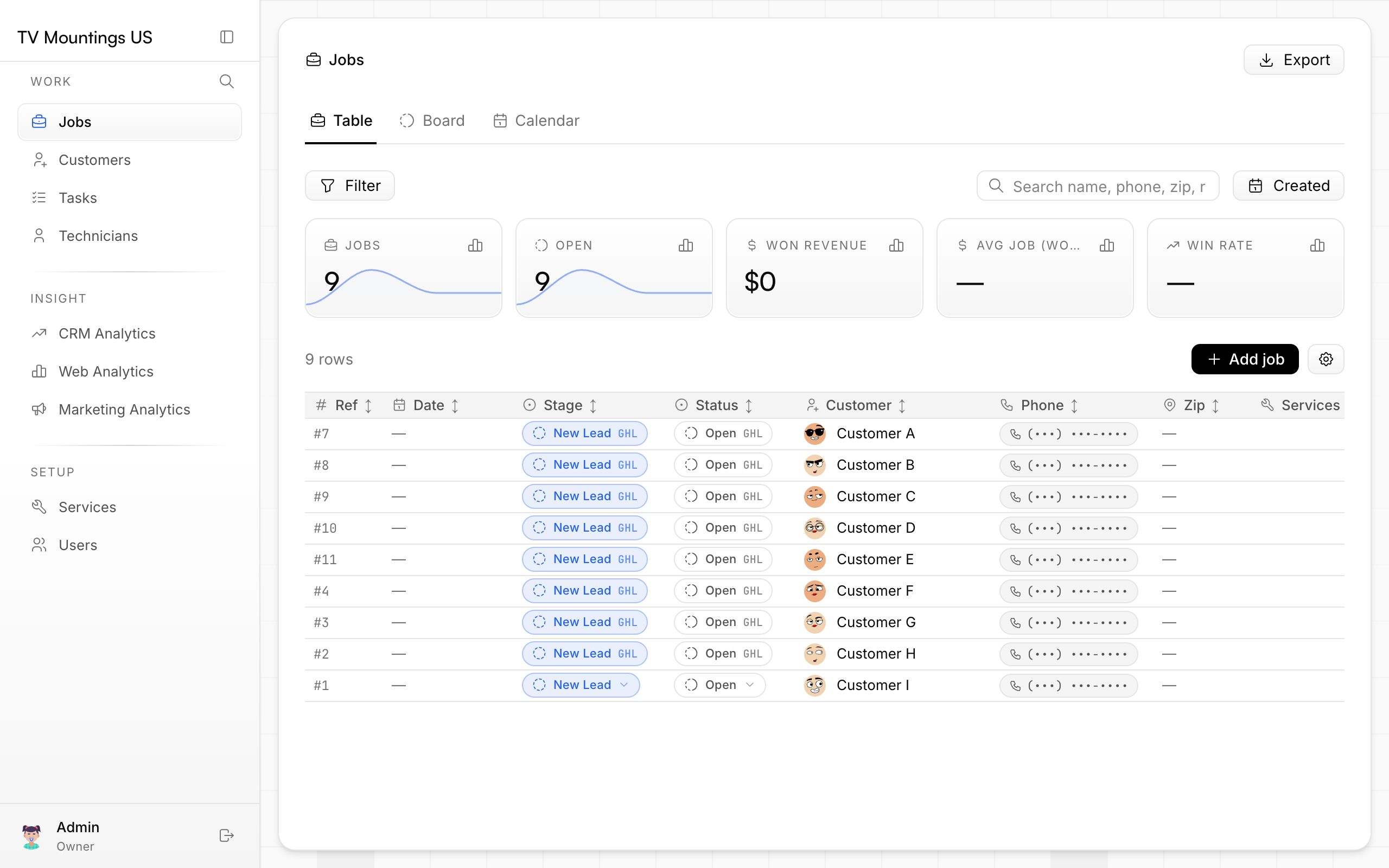 Live jobs in our CRM with their GoHighLevel stage