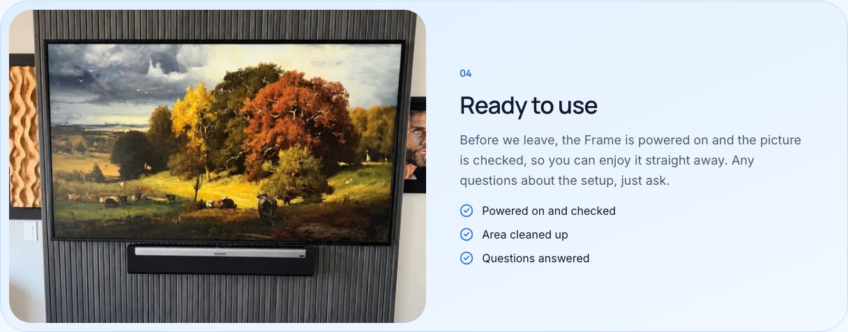 Блок «Ready to use» на сторінці Frame TV з реальним фото